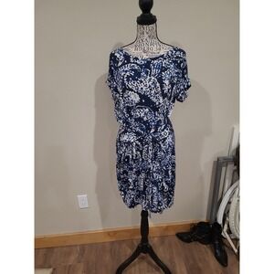 Michael Michael Kors blue white knit wrap waist tie above knee dress Women sz L